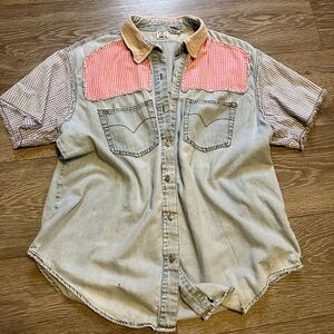 ✨Vintage✨ Zana Di Well Worn Denim Work Shirt w/ Gingham Patchwork Details